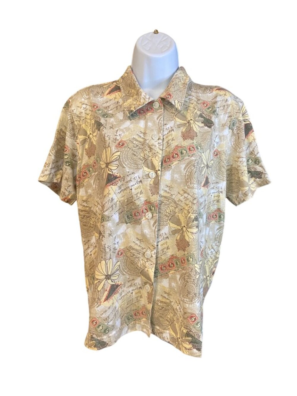 Shenanigans Vintage Script Floral Button Shirt L Beige Cottagecore Retro Resort